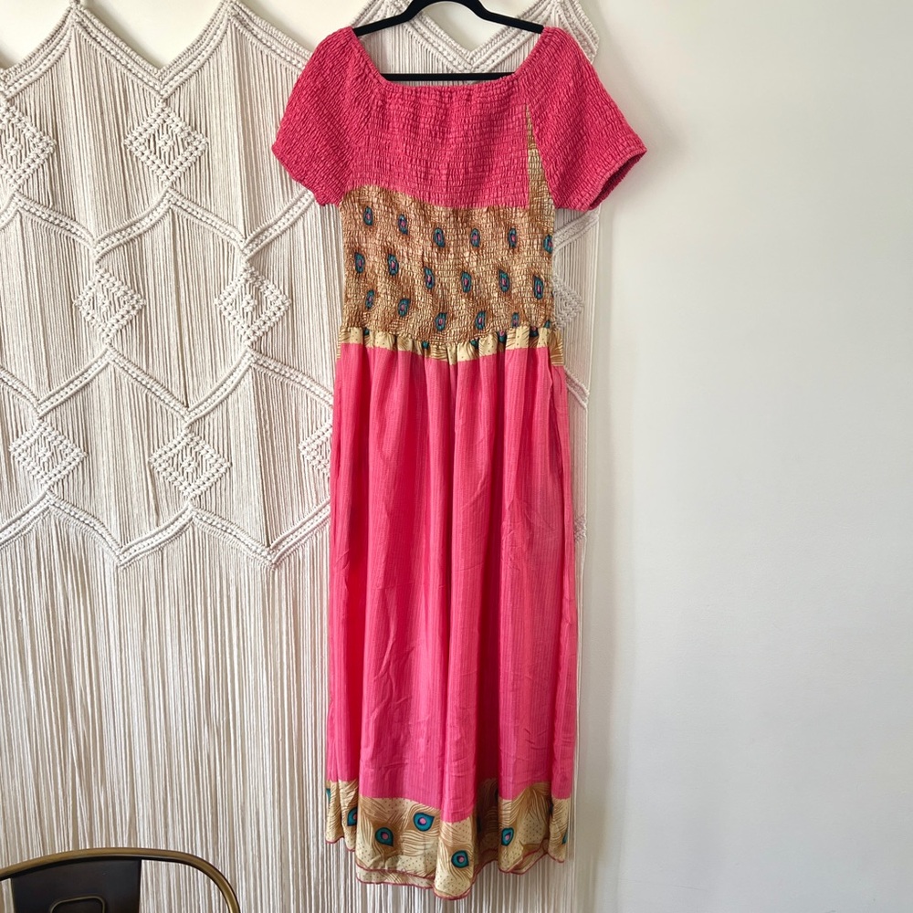 Wild Child Pink & Tan Peacock Print Smocked Top India Silk Jumpsuit 2X & Under